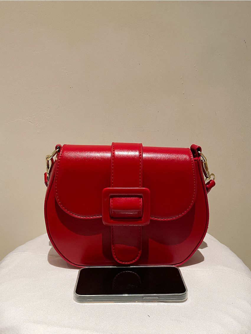 Neon-red Buckle Decor Flap Saddle Bag