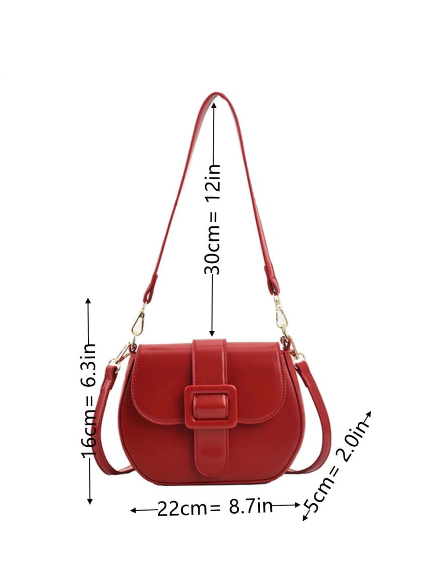 Neon-red Buckle Decor Flap Saddle Bag
