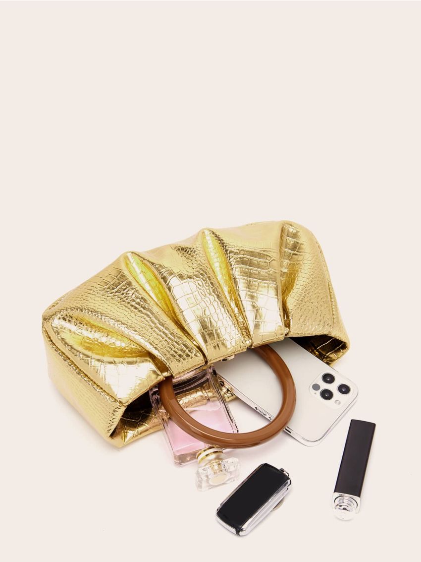 Metallic Crocodile Embossed Ruched Bag