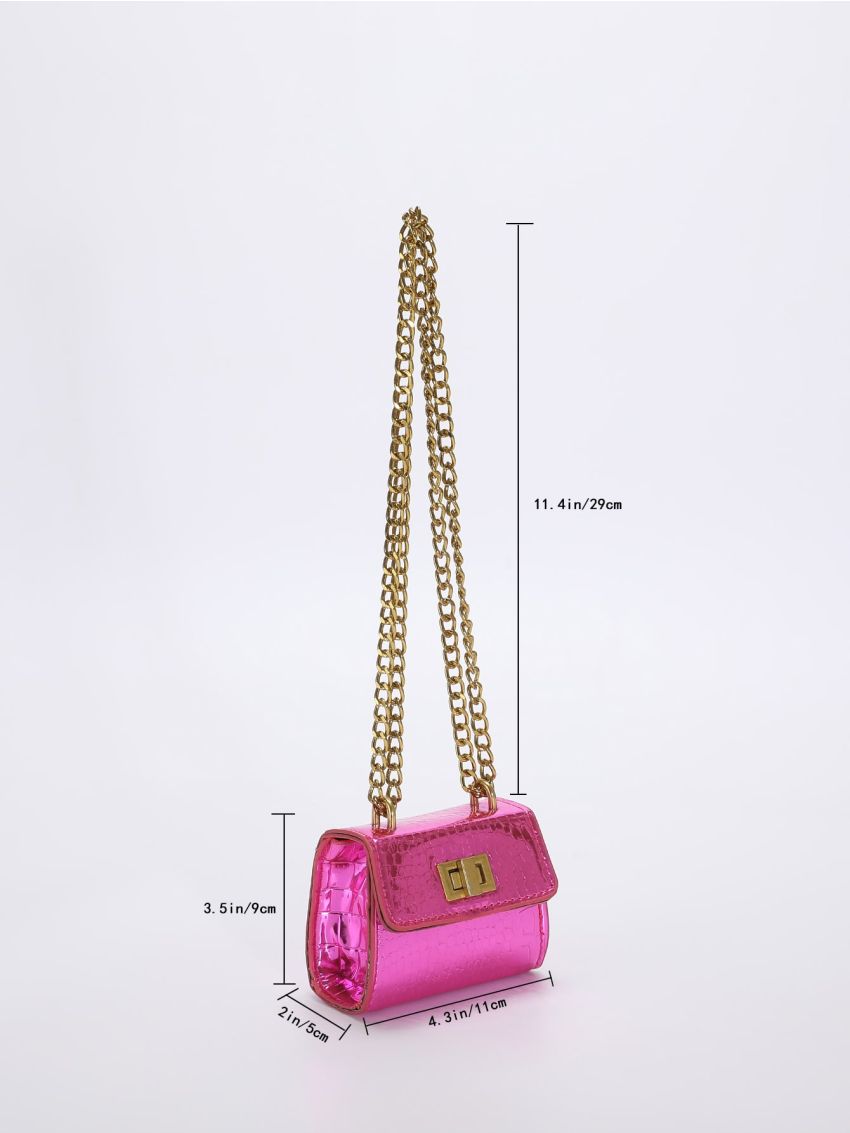 Mini Artificial Patent Leather Neon-pink Crocodile Embossed Twist Lock Square Bag