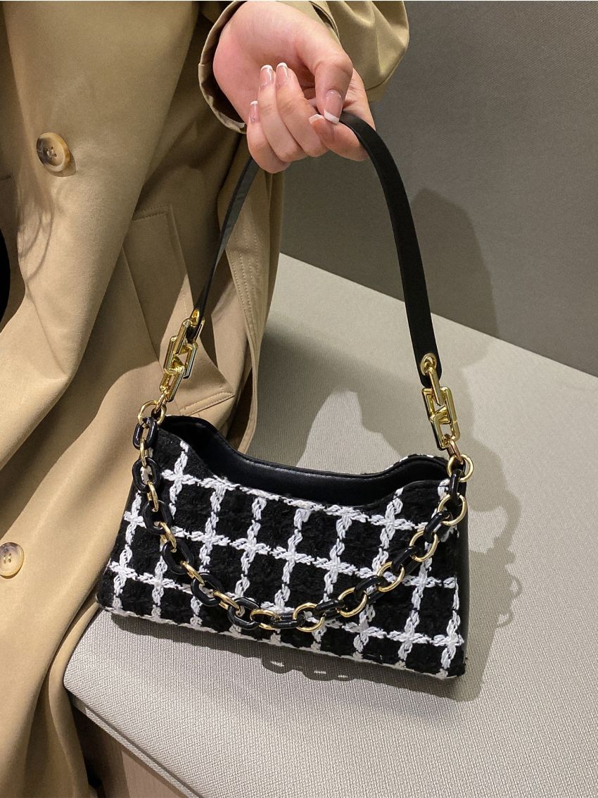 Plaid Pattern Tweed Chain Decor Baguette Bag