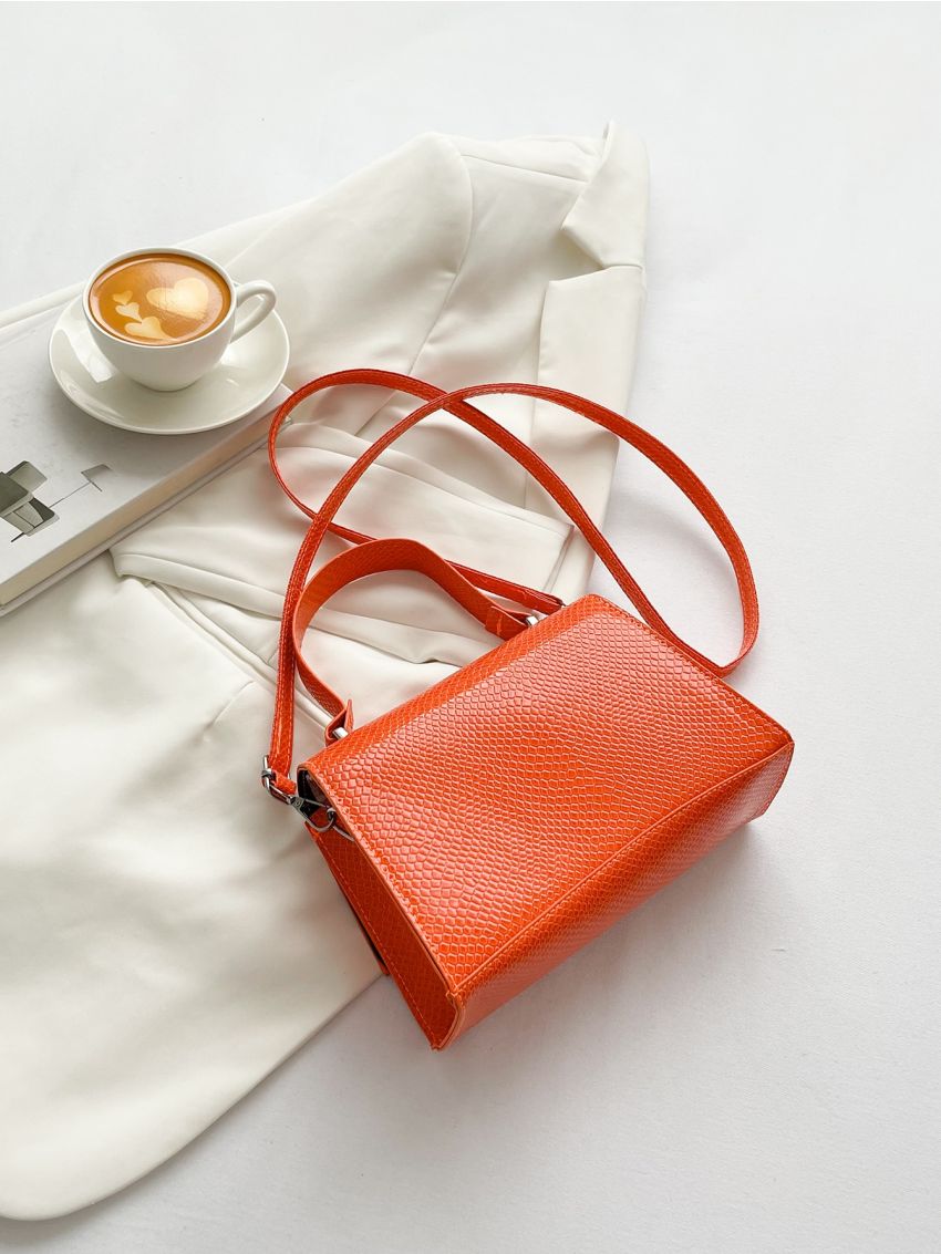 Neon Orange Snakeskin Embossed Flap Square Bag