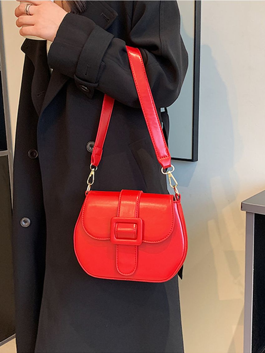 Neon-red Buckle Decor Flap Saddle Bag