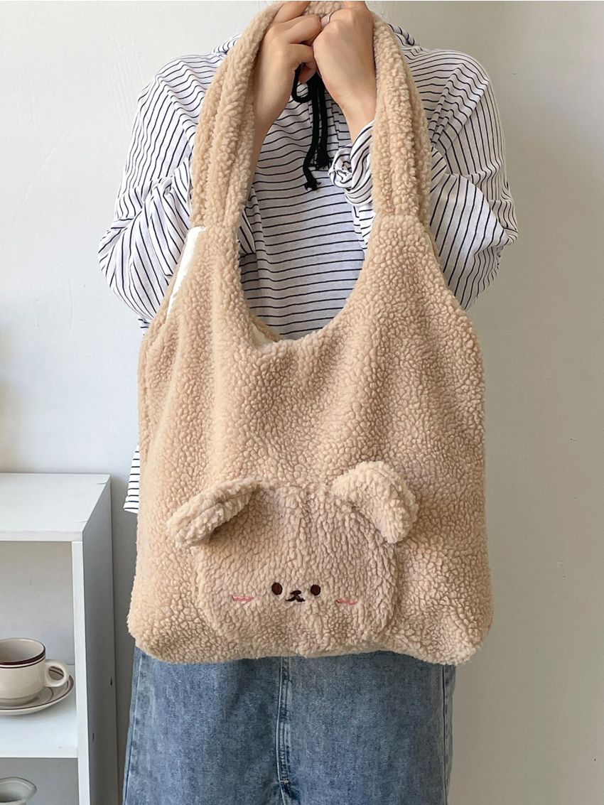Cartoon Embroidered Ear Decor Fluffy Shopper Bag