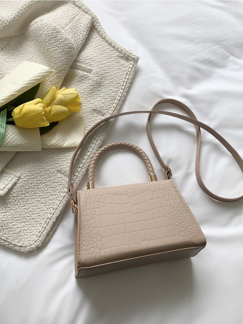 Crocodile Embossed Weave Detail Flap Square Bag
