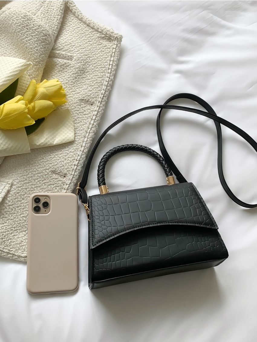 Crocodile Embossed Flap Square Bag