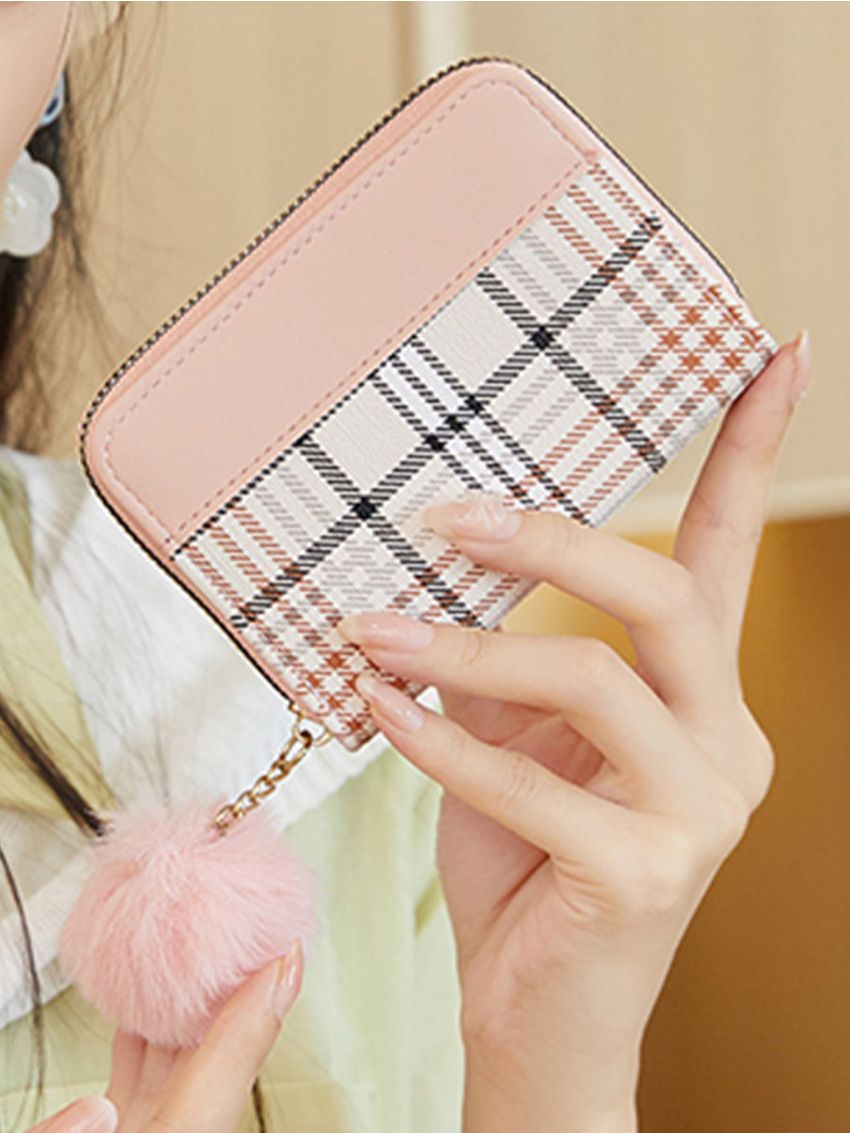Pom Pom Decor Plaid Pattern Coin Purse
