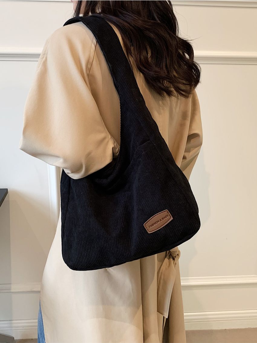 Letter Patch Decor Corduroy Hobo Bag