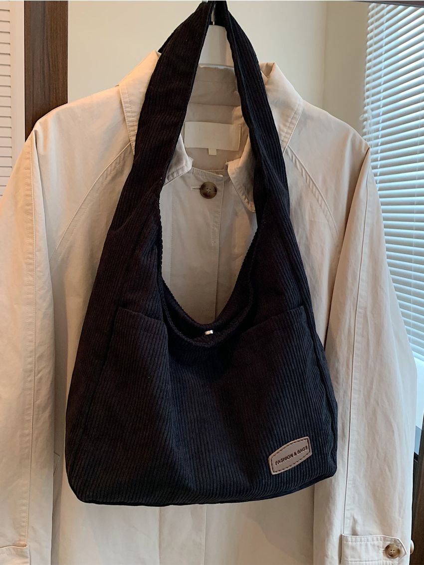 Letter Patch Decor Corduroy Hobo Bag