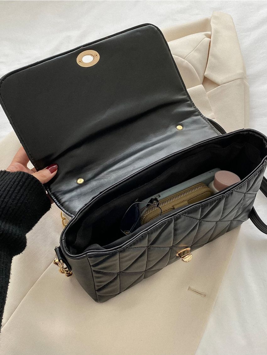 Quilted Twist Lock Flap Chain Square Bag