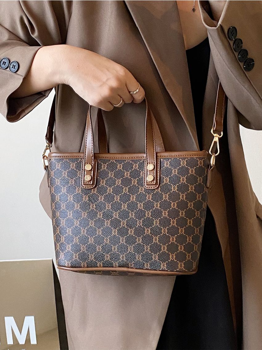 Geometric Pattern Double Handle Bucket Bag