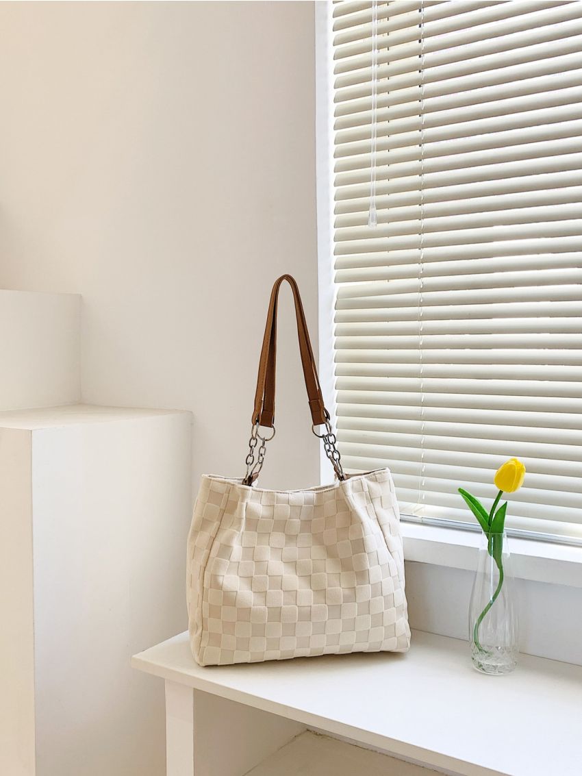 Checkered Pattern Letter Patch Decor Shoulder Tote Bag