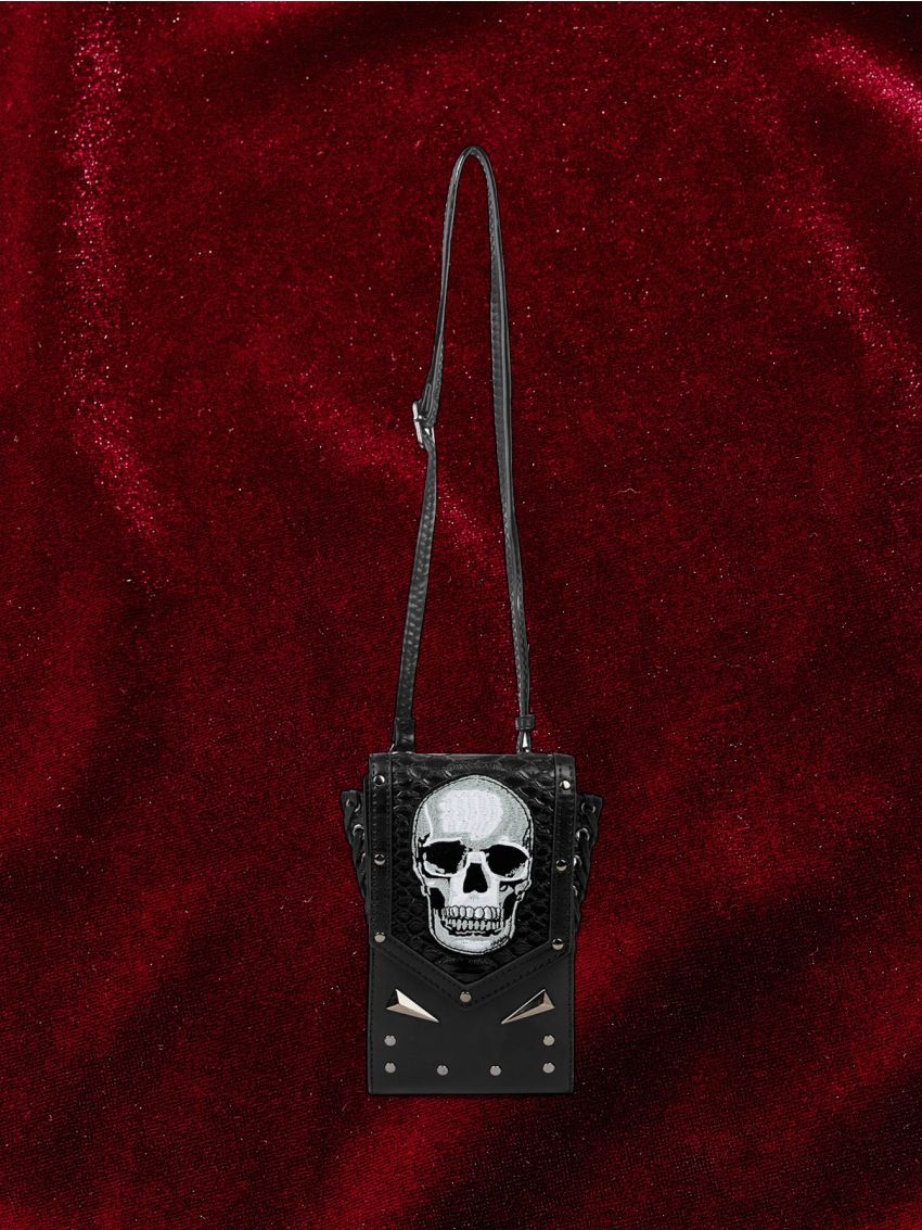 Goth Mini Skull Embroidery Design Studded Decor Square Bag