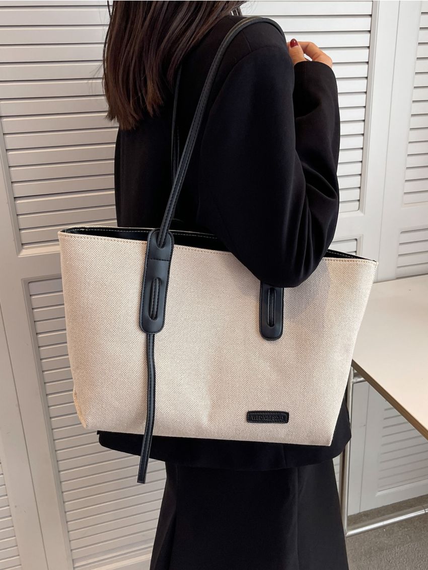 Letter Patch Decor Large Capacity Shoulder Tote Bag