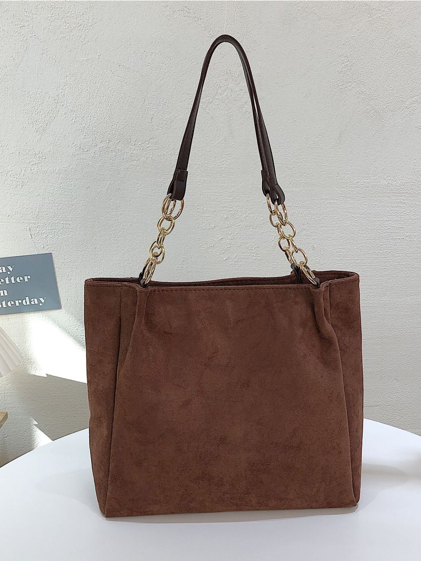 Faux Suede Patch Detail Shoulder Tote Bag
