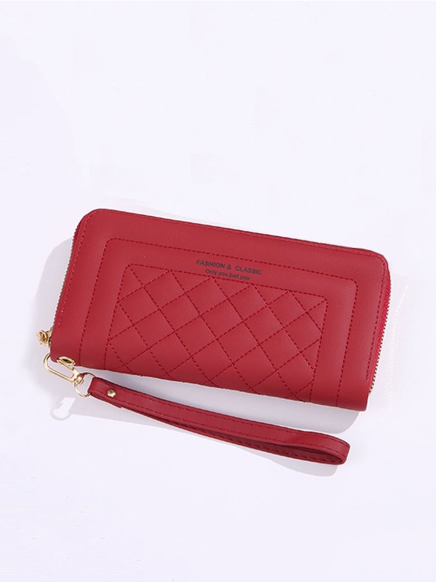 Neon Red Geometric Quilted Letter Detail Long Wallet