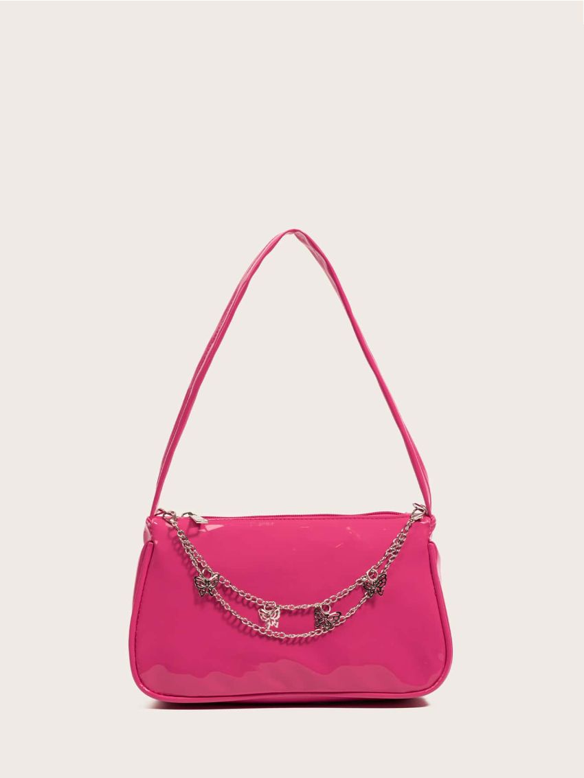 Mini Neon Pink Butterfly Decor Baguette Bag