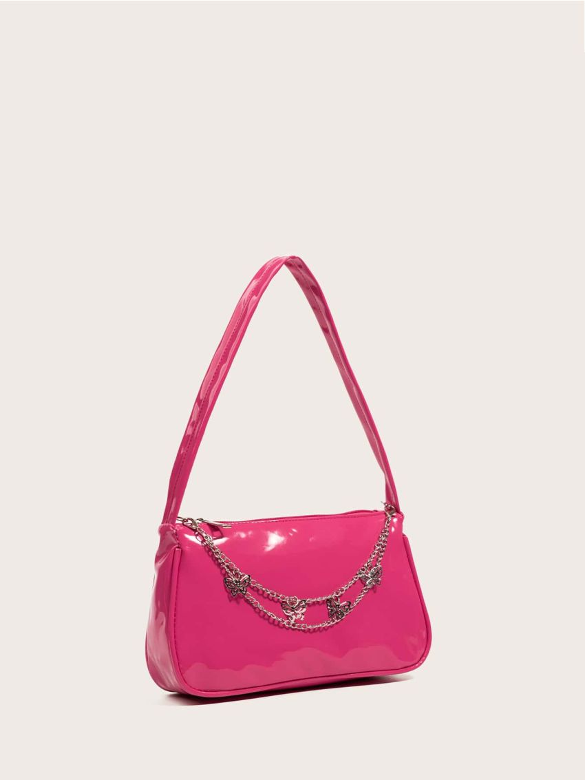 Mini Neon Pink Butterfly Decor Baguette Bag