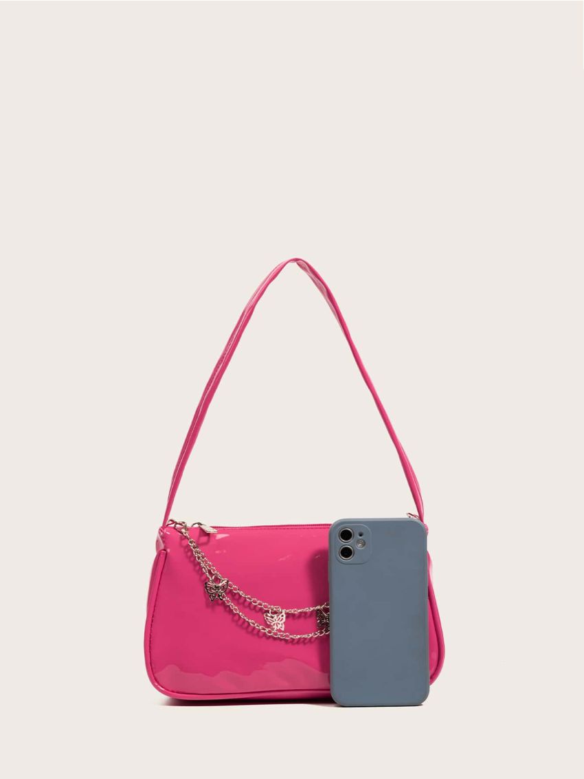 Mini Neon Pink Butterfly Decor Baguette Bag