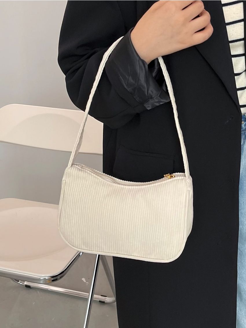 Minimalist Zipper Corduroy Baguette Bag