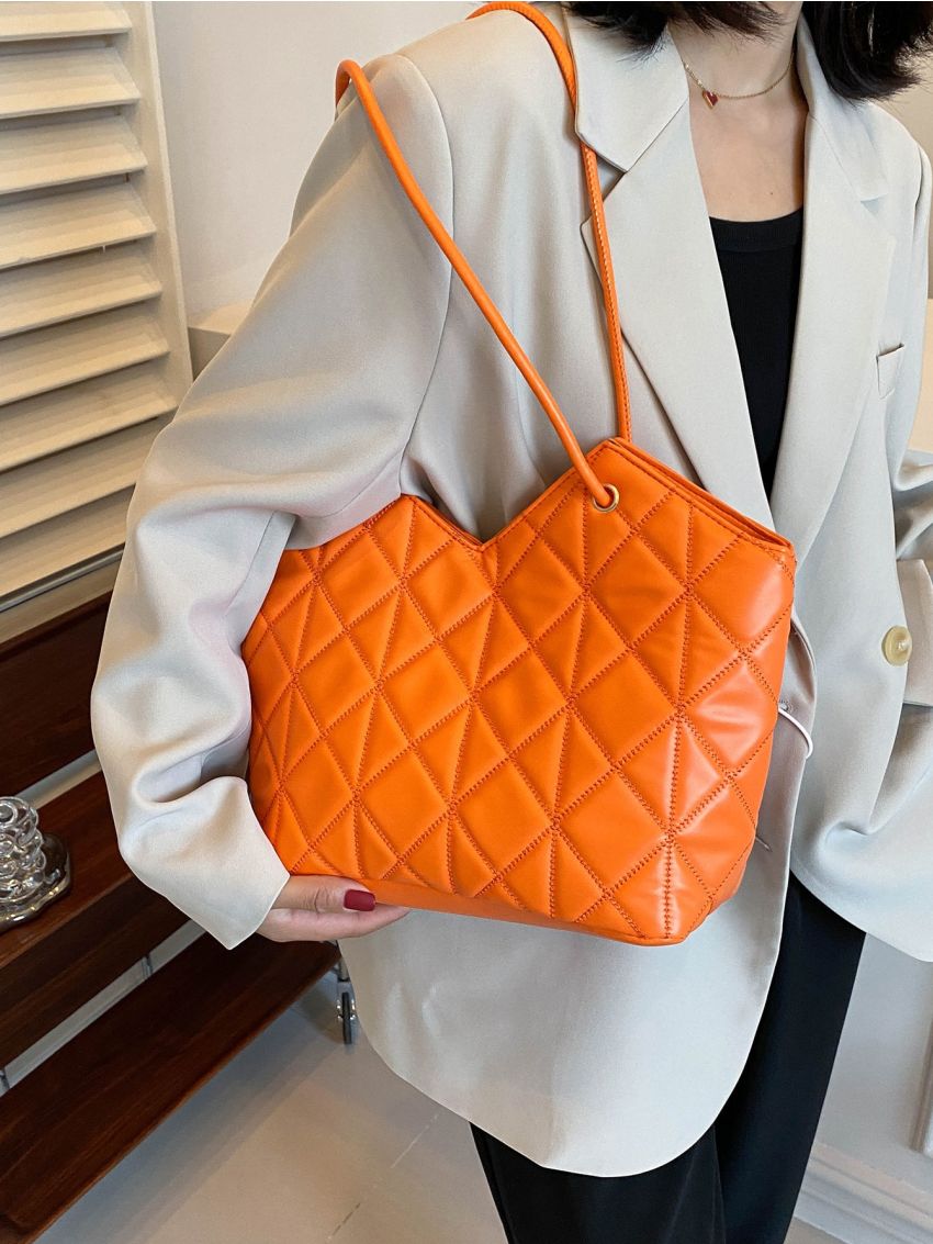 Neon Orange Geometric Quilted Shoulder Tote Bag