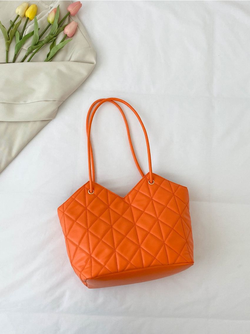 Neon Orange Geometric Quilted Shoulder Tote Bag