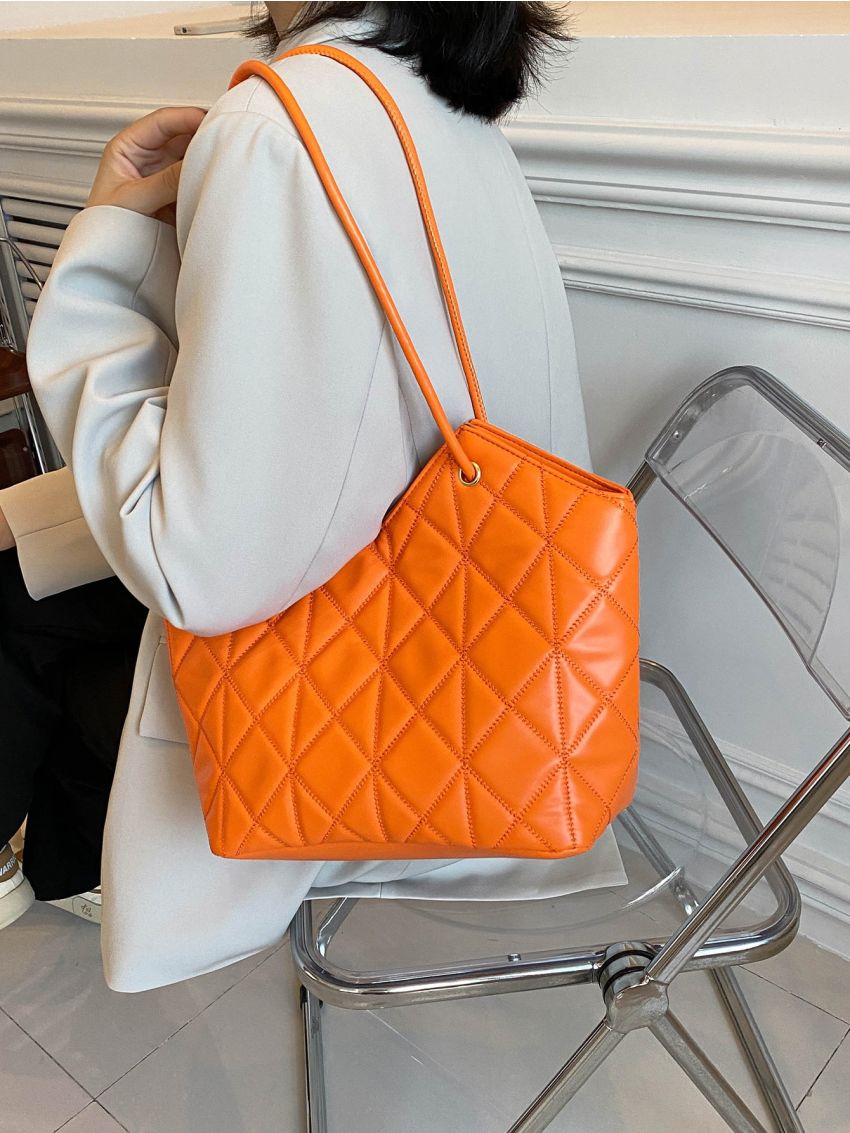 Neon Orange Geometric Quilted Shoulder Tote Bag