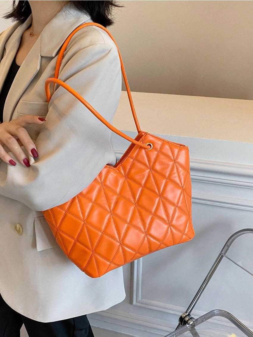 Neon Orange Geometric Quilted Shoulder Tote Bag