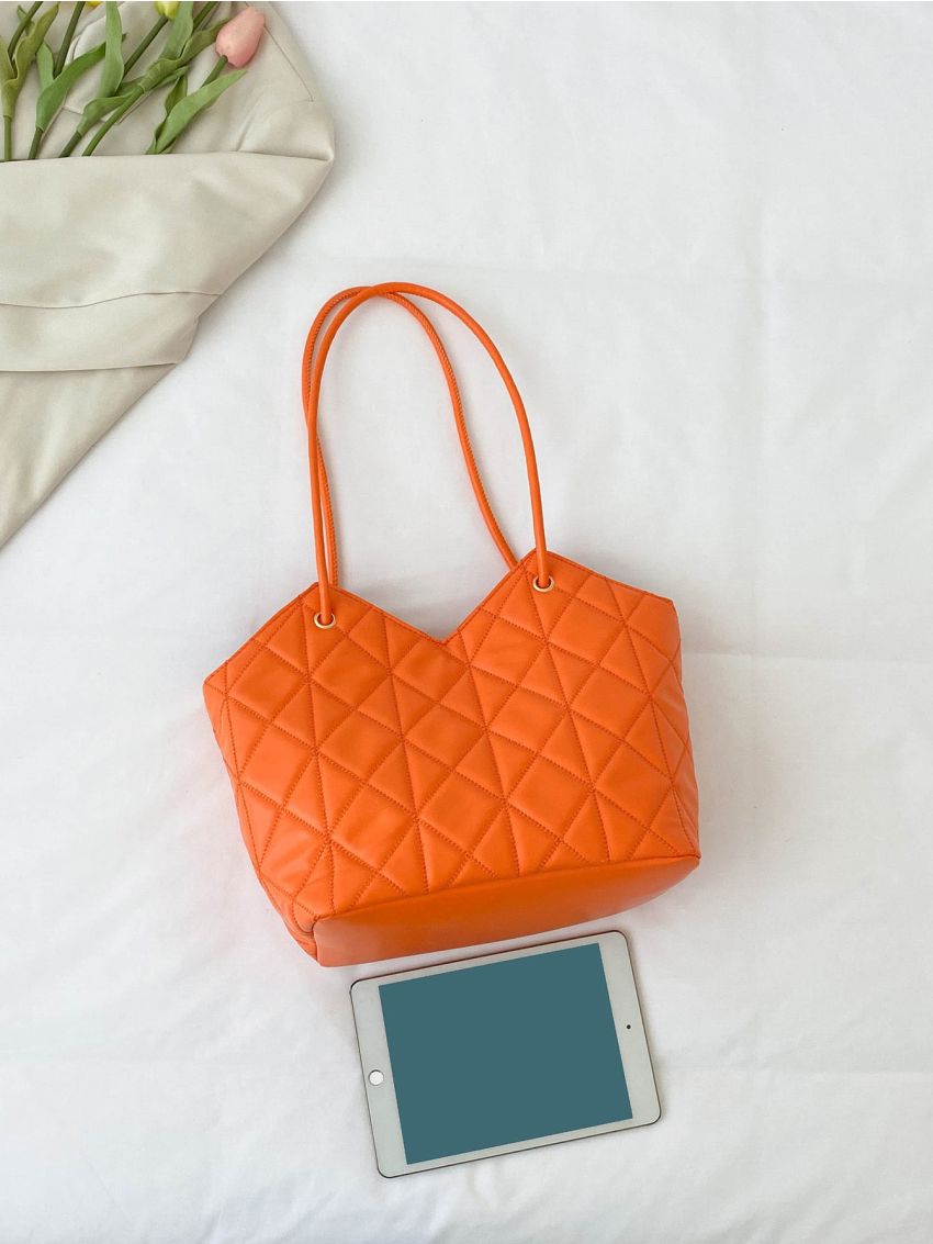 Neon Orange Geometric Quilted Shoulder Tote Bag