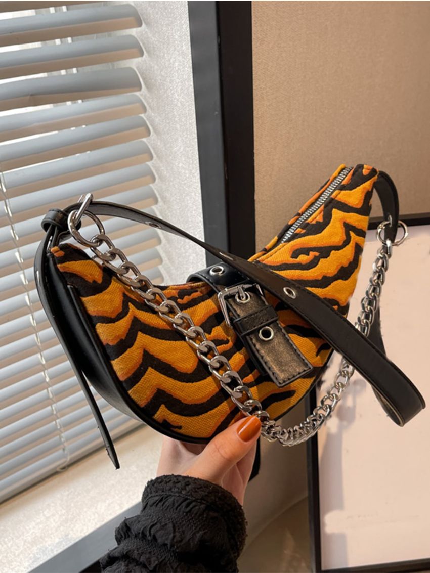 Tiger Skin Pattern Chain & Buckle Decor Saddle Bag