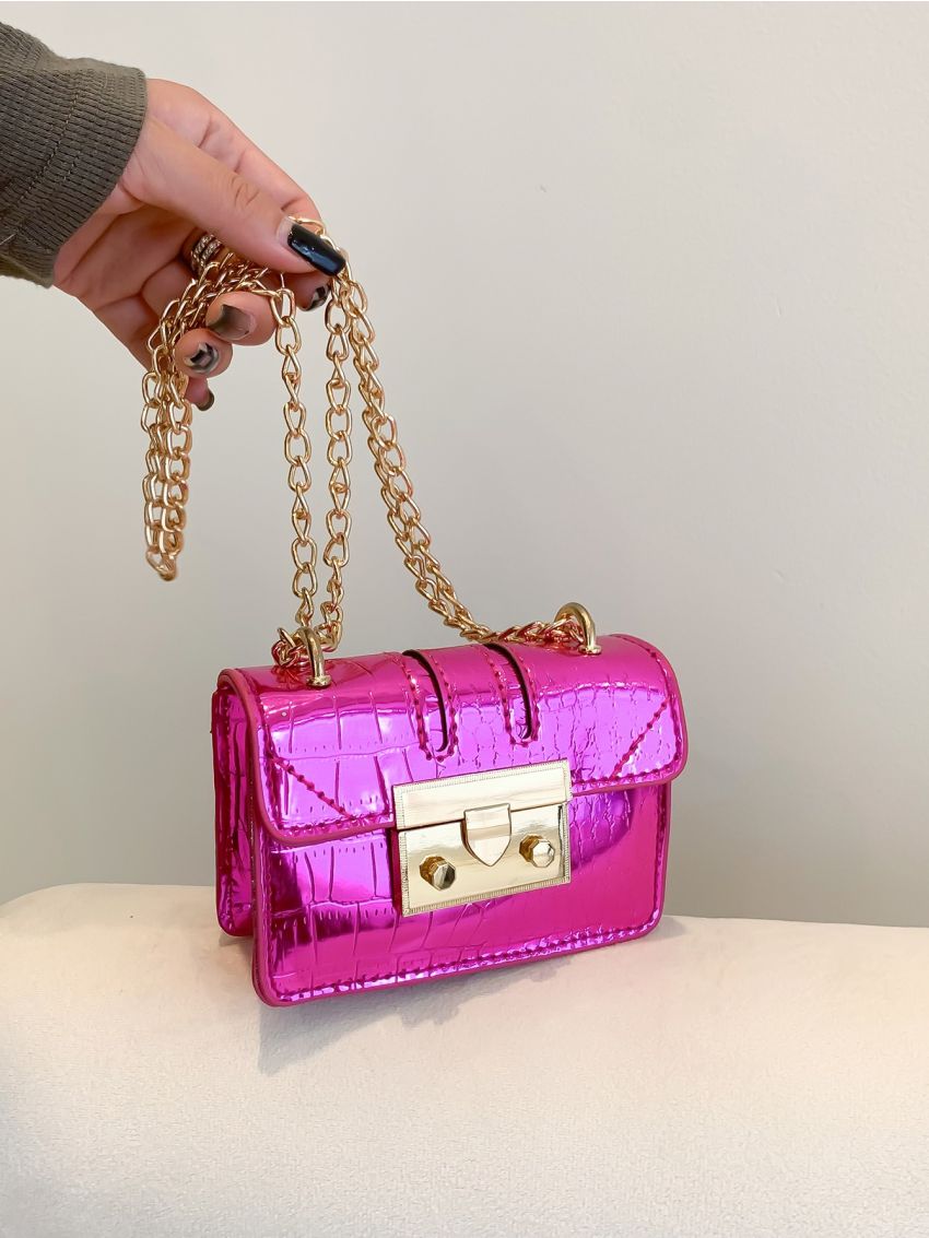 Mini Artificial Patent Leather Neon-pink Crocodile Embossed Push Lock Square Bag