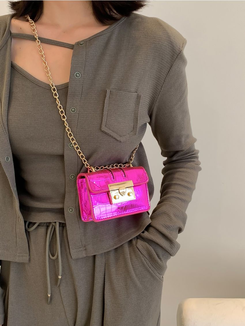 Mini Artificial Patent Leather Neon-pink Crocodile Embossed Push Lock Square Bag