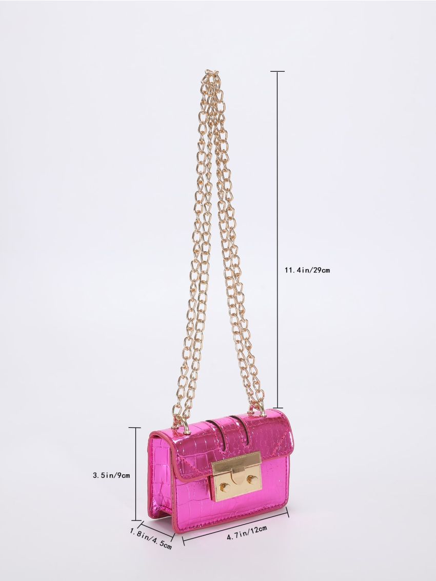 Mini Neon Pink Crocodile Embossed Flap Chain Square Bag