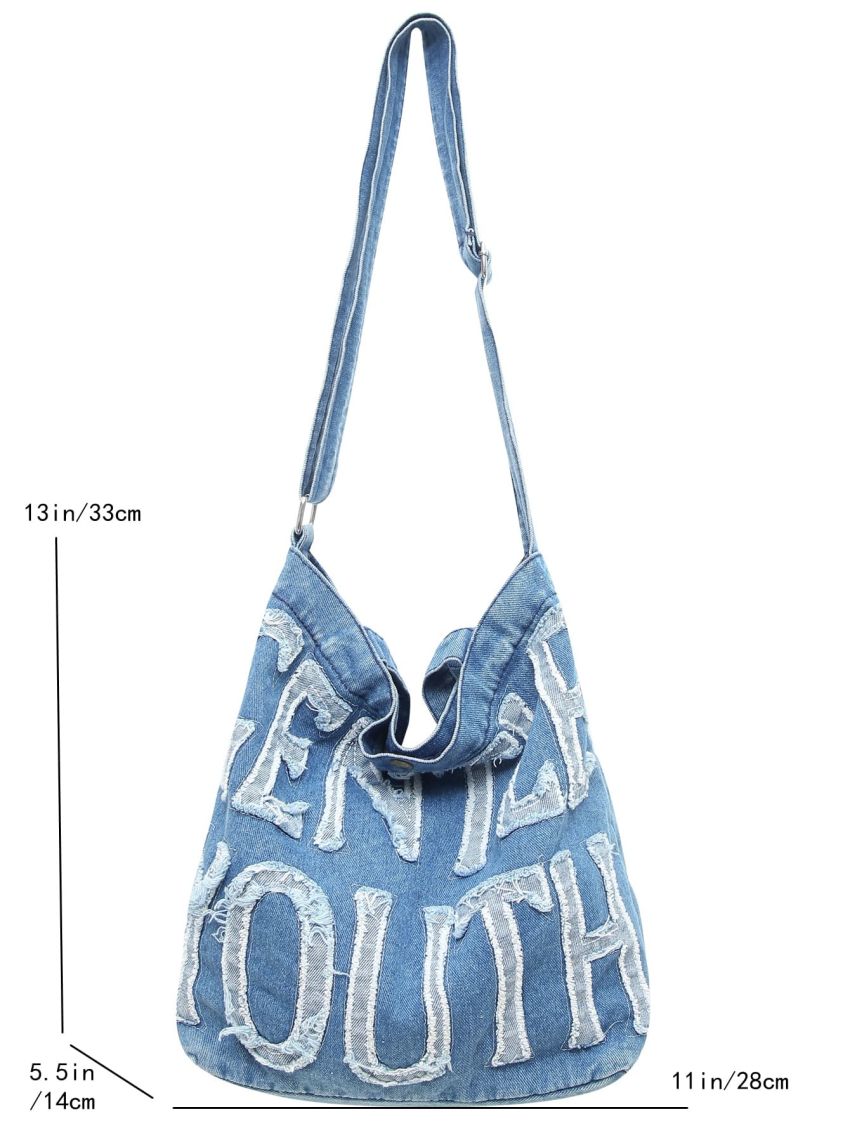 Letter Patch Decor Raw Trim Denim Satchel Bag