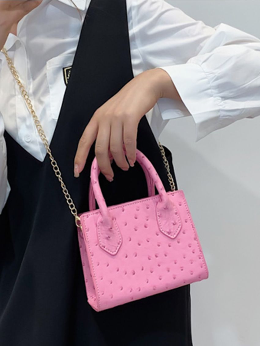 Mini Neon Pink Ostrich Embossed Chain Square Bag