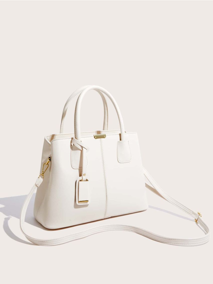 Litchi Embossed Metal Detail Top Handle Bag