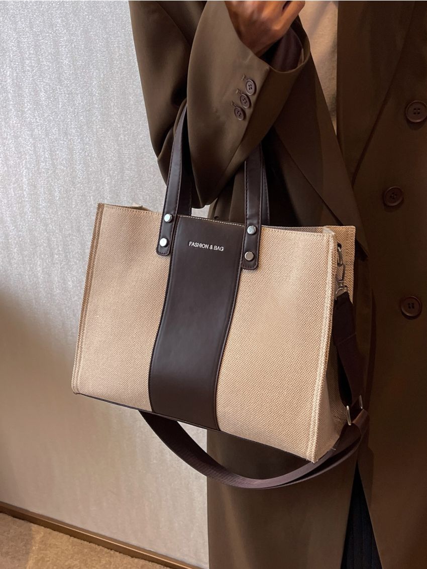 Letter Graphic Two Tone Top Handle Bag