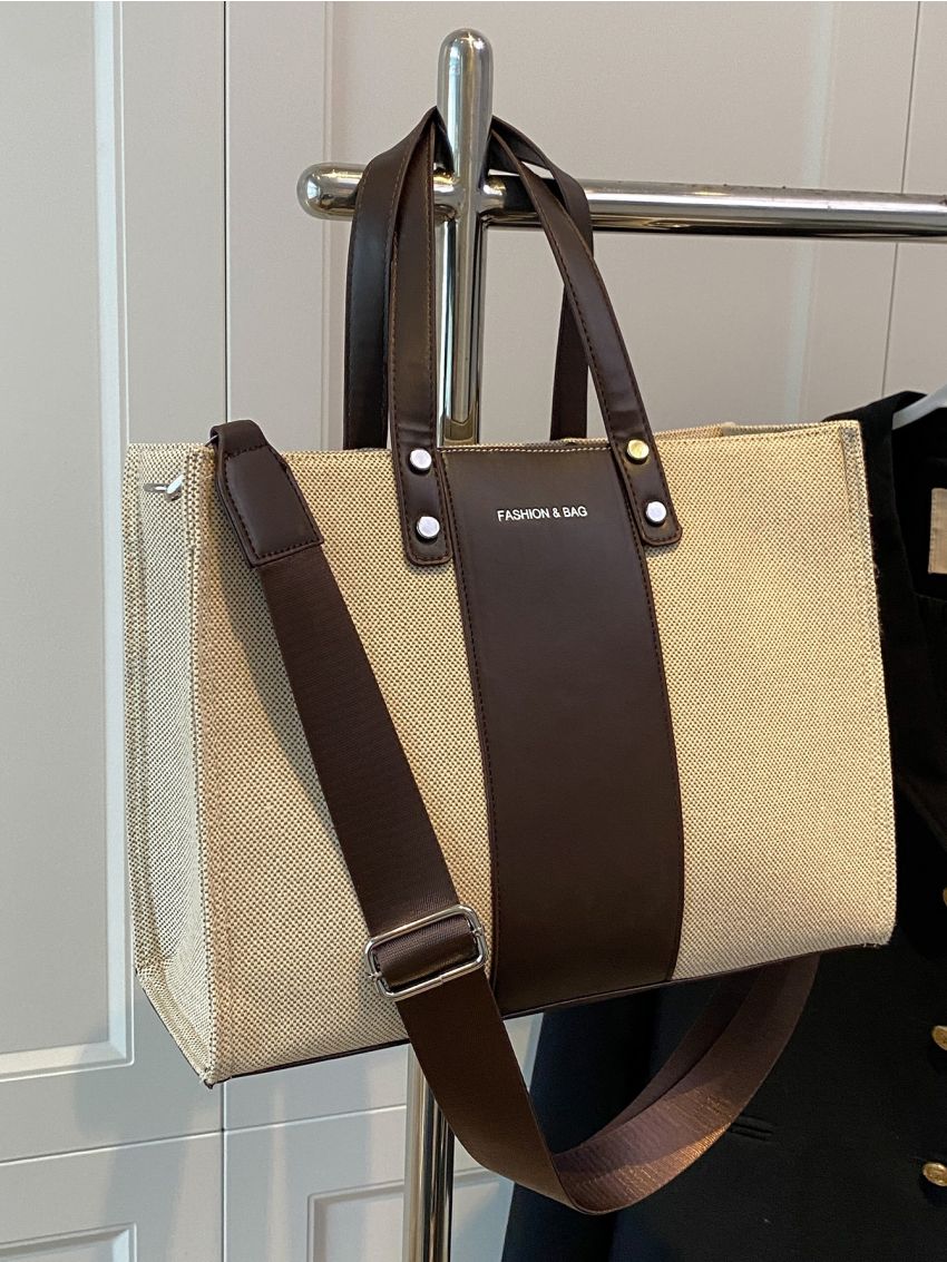 Letter Graphic Two Tone Top Handle Bag