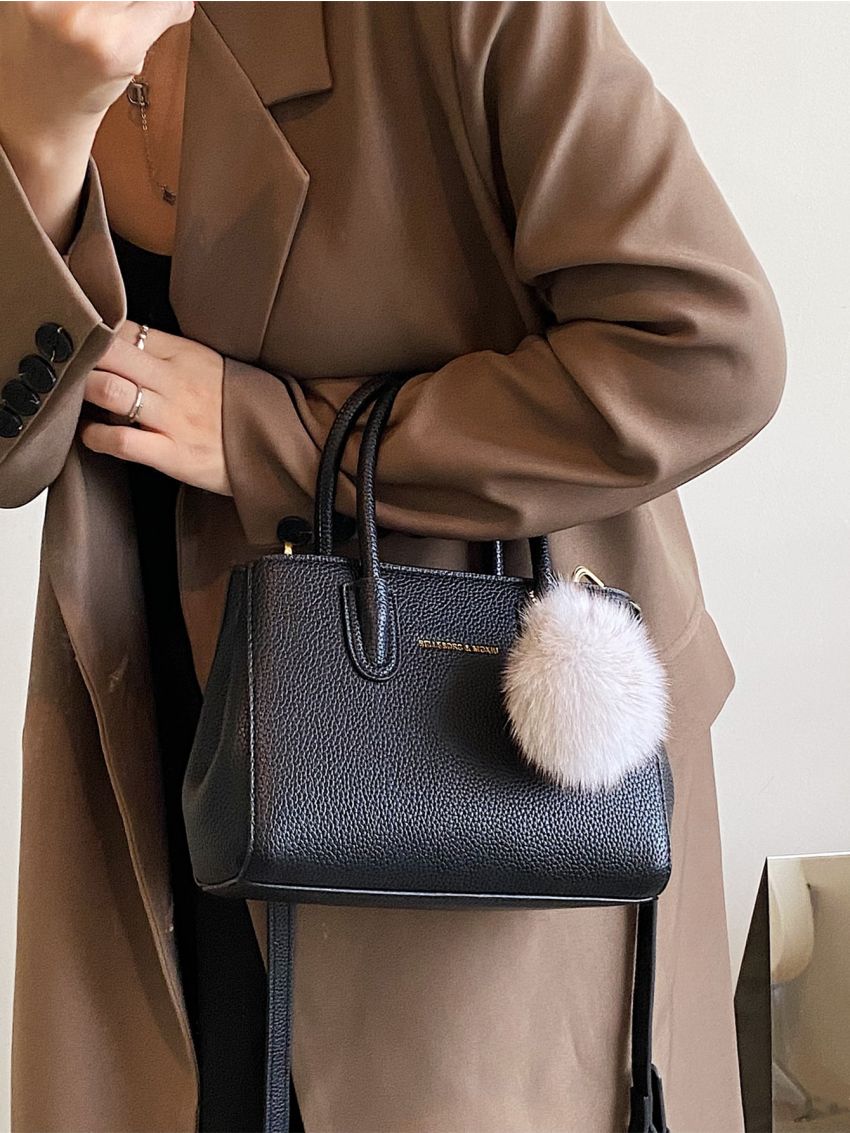 Litchi Embossed Pom Pom Decor Square Bag