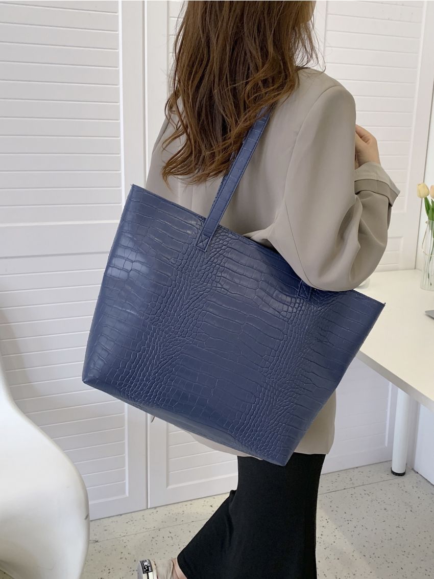 Crocodile Embossed Shoulder Tote Bag With Inner Pouch