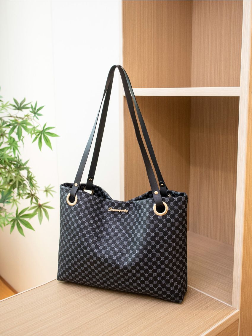Geometric Print Letter Decor Shoulder Tote Bag