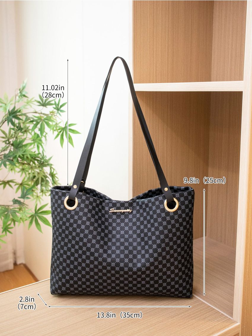Geometric Print Letter Decor Shoulder Tote Bag