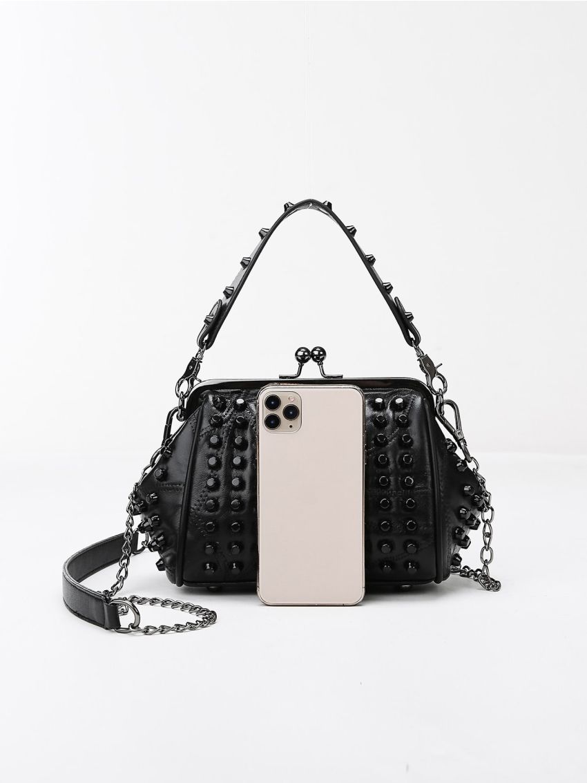 Studded Decor Kiss Lock Design Chain Dome Bag