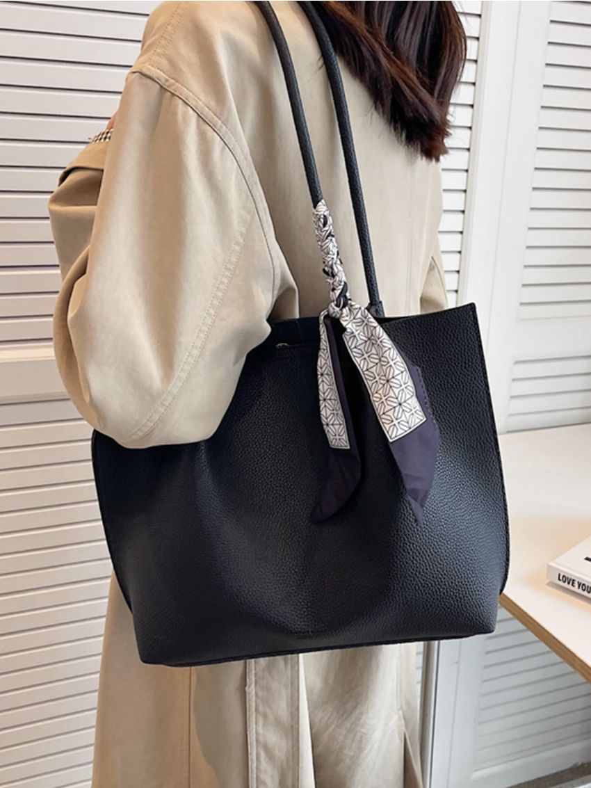 Random Twilly Scarf Decor Litchi Embossed Shoulder Tote Bag With Inner Pouch