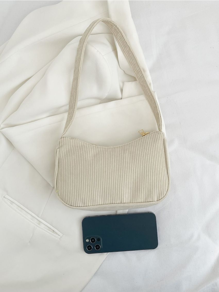 Minimalist Zipper Corduroy Baguette Bag