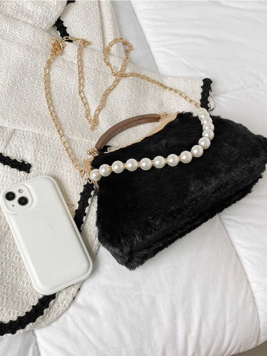 Faux Pearl Decor Fluffy Satchel Bag