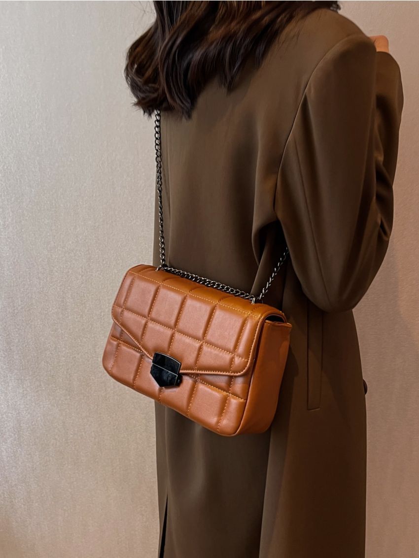 Geometric Quilted Chain Flap Square Bag