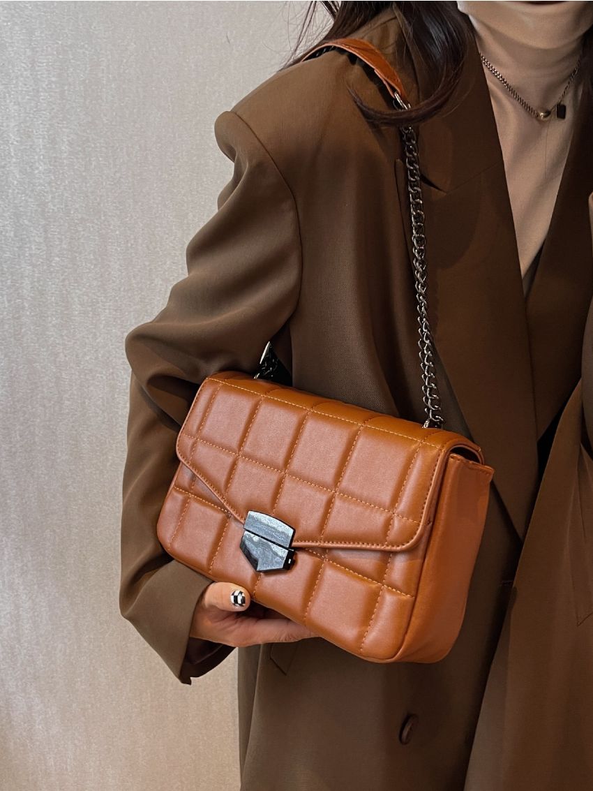 Geometric Quilted Chain Flap Square Bag