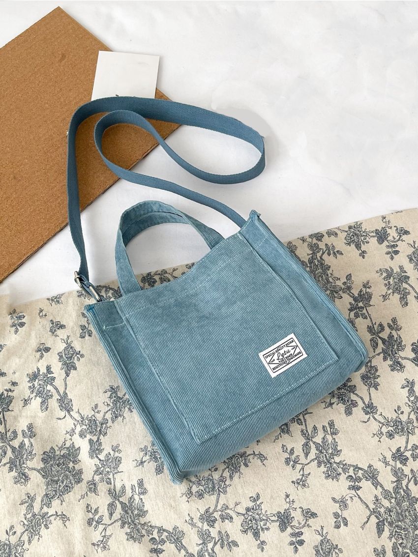 Letter Patch Decor Corduroy Square Bag