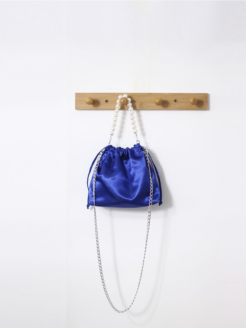Mini Faux Pearl Decor Drawstring Design Satin Chain Bucket Bag